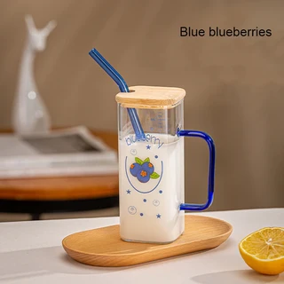체중계 투명 텀블러 포함 유리 빨대 컵 뚜껑 및 아이스 커피 핸들 주스 밀크 티용 마시는 머그잔 350ml, 02 blue