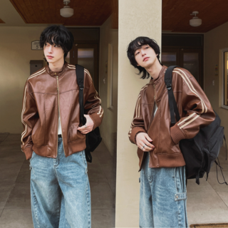 Asure 남자 빈티지 가죽자켓 루즈핏 스트라이프 라이더자켓 아우터