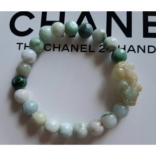 冰種貔貅 翠綠淡紫玉珠 手圍15cm手鍊