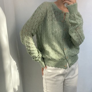 Tteugaejin 女款鏤空雕花扇貝邊圓領Solber針織開襟衫