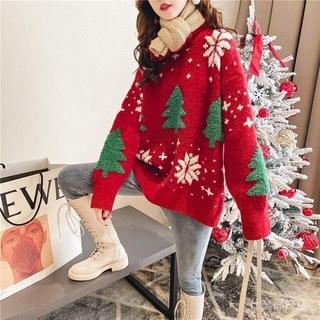 臺灣發貨 加厚紅色聖誕毛衣 女套頭 寬鬆慵懶風秋冬新款上衣, 紅色,L