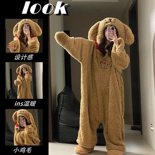 可愛線條小狗珊瑚絨連體睡衣 連帽加厚保暖家居服 秋冬女生可外穿, 1個, 小狗連體服S