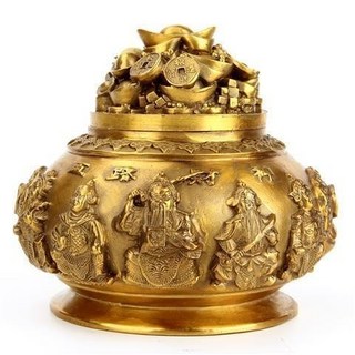 轉運銅質大號五路財神聚寶盆 銅聚寶盆 室內擺件 送好友, 6寸帶蓋五路盆