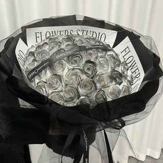 畢業花束告白求婚黑玫瑰花束 永生乾燥花束 送女友男友情人節禮物, 超大【52朵黑騎士】+浪漫燈串-賀卡