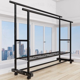 特粗特厚簡易衣架落地式，家用臥室陽臺雙排掛衣桿移動晾衣架 3 B U, 鼕季首選(承重300斤)十五年質保,單桿長60黑*基礎19管