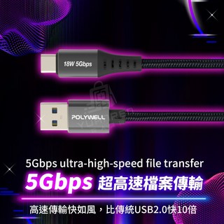 POLYWELL USB 3.1 Type-C 轉 Type-A 充電傳輸線 5Gbps 超高速傳輸 支援 PD18W 快充, 1個, 【USB 3.1】Type-C To A,50公分