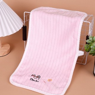 生活用品B7L 可掛式珊瑚絨小鴨刺繡包邊毛巾 加厚吸水柔軟珊瑚絨洗臉巾 兒童手巾毛巾 長方巾面巾, 粉色（小鴨刺繡）約24*48cm, 1個