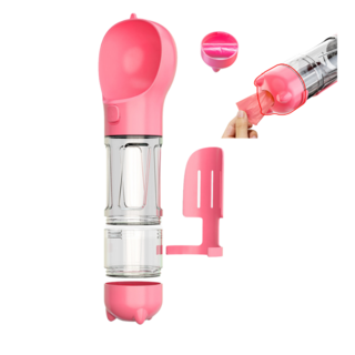[Roomfittie 루미피티] 강아지 산책용 4in1 물병 300ml (급수+간식+배변봉투+삽) 반려견 휴대용 물통, 핑크, 1개