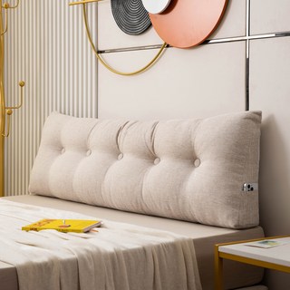 舒適棉麻床頭靠墊長款 – 人體工學護腰靠背墊，附手機收納袋，提升臥室質感, 米杏色