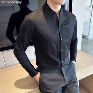 商務修身純色長袖襯衫青年韓版休閒立領2025襯衣男士正裝圓領襯衫