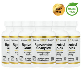 3+3 캘리포니아 골드 뉴트리션 레스베라트롤 복합체 500mg 포도씨추출물 레드와인추출물 60정, 6개