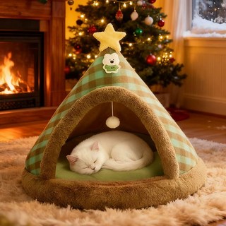 Arsjuo 보온 고양이 숨숨집 침대 강아지 겨울집, 1개, 녹색