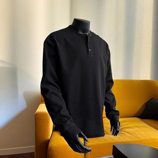 2025秋冬百搭亨利領長袖T卹男士休閒運動華夫格Polo衫T恤衫上衣潮