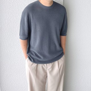 코튼 쿨링 썸머 미니멀 라운드 린넨 루즈핏 5부 반팔 니트 (5color)