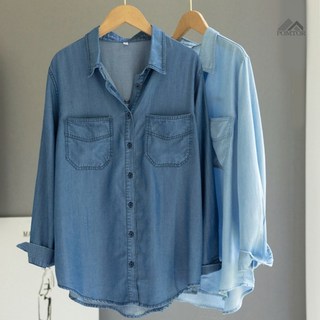 POMTOR 여성 춘추 루즈핏 캐주얼 얇은 데님 셔츠 텐셀 데님 긴팔 셔츠