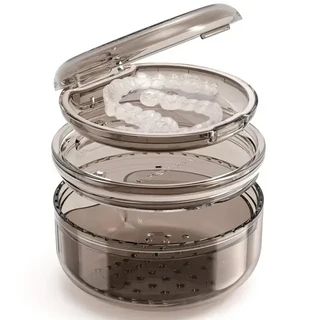 틀니 케이스 2 in 1 리테이너 청소 용 누출 방지 목욕 상자 컵 투명 교정기 입 가드, 1개