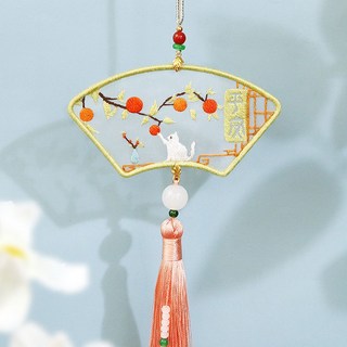 刺繡diy 古風十字繡自己繡手工刺繡情侶中秋禮物平安符掛件, 1個, 千柿平安,【有繡繃】適合新手