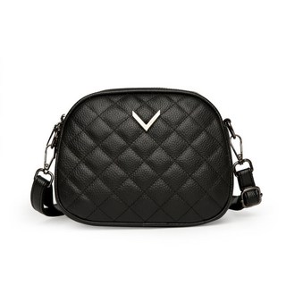 小香風真皮菱格紋單肩包 菱格繡線大容量斜挎女包, 黑色