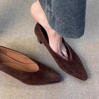 여성 심플 우아한 발편안 청키 스웨이드풍 단화 프렌치 펌프스 미들힐 로퍼 구두 신발