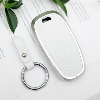 바이어블 현대 호환 더뉴 그랜져 쏘나타 DN8 아이오닉5 넥쏘 호환 키링 키홀더 스마트키 크롬 가죽 키케이스, 4버튼 4A 실버화이트 (VA-U09)