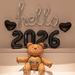 파티몬 연말 파티 풍선 신년 홈 숫자 곰돌이 hello 풍선, 1개, 곰돌이 hello 홀로그램 + 숫자 블랙 + 하트 블랙