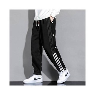 運動長褲男 韓國學生寬鬆時尚修身直筒條紋休閑褲 黑色抽繩束脚排扣運動褲 輕量透氣大尺碼舒適保暖長褲 通勤百搭耐磨彈力爸爸工作褲