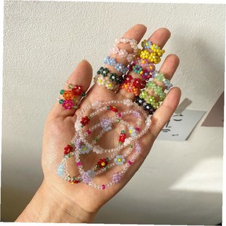 비즈 팔찌 반지 목걸이 세트 컬러풀 꽃무늬 구슬 액세서리 핸드메이드 여성용 데일리 패션 쥬얼리