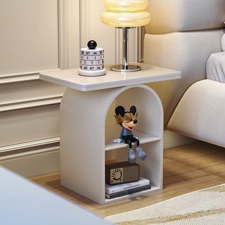 床頭櫃 收納櫃 儲物櫃 奶油風 家用臥室小型床頭櫃 置物 架 簡約現代可移動床頭收納櫃 側邊櫃, 1個, 米白架:圓形茶色玻璃【50cm】,整裝