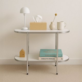 나인홈 프롬 모던 선반 라운드 크롬 수납 진열대 미니 협탁 사이드테이블 2단, 크롬화이트