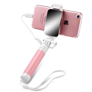 迷你輕巧!! APPLE 蘋果 馬卡龍糖果繽紛 手機線控自拍棒 隨插即用 Lightning接頭 後視鏡設計 自拍伸縮棒, 粉色, 1個