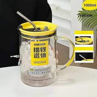 고보로실리케이트 유리 계량컵 1000ML 대용량 빨대컵 뚜껑 손잡이 포함 가정용 커피 머그컵 음료용품, 01 1000ML