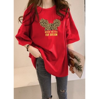 링크어패럴 호피무늬 캐릭터 박스핏 롱 반팔 여성 루즈한 오버핏 티셔츠