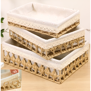 포미온 꽃무늬 인테리어 내추럴 라탄 수납 바구니, 1개, 나무색상