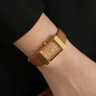 럼튼 그리드 사각 여성 탠 컬러 가죽 밴드 손목 시계 골드