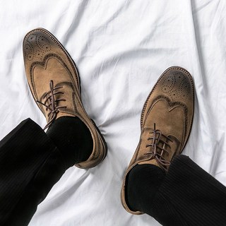 布洛克雕花男士皮靴 英倫復古反絨皮工裝鞋 商務休閒透氣巴洛克鞋 (臺灣出貨)