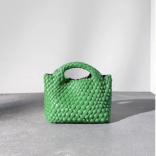 手工編織迷你手提斜挎包 - 純色簡約百搭通勤小方包, 鸚鵡綠+鏈條+編織內袋