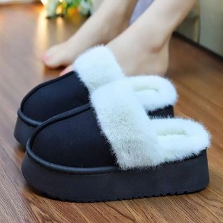 여성의 두꺼운 바닥 모피 슬리퍼 실내 실외 스노우 부츠 발가락 커버 하프 겨울 양털 안감 따뜻한 코튼