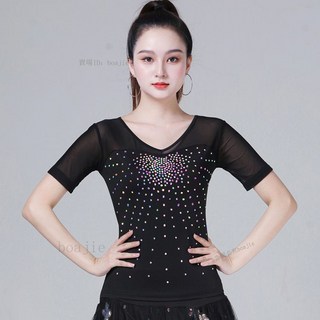 拉丁舞上衣新款舞蹈练功服成人国标舞摩登舞服装交谊舞跳舞演出服, 1個, 黑色 单钻上衣,3XL