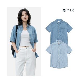 [닉스] [NIX]여) M톤/L톤 오버핏 데님 롤업 반팔 셔츠 (FNQMDSA550M)