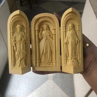 【熱銷新品】黃楊木雕刻家居擺件 中式擺件 隨身佛龕 佛像 觀音 菩薩 三清三開盒 清水祖師 三寶如來 木雕佛像, 耶穌