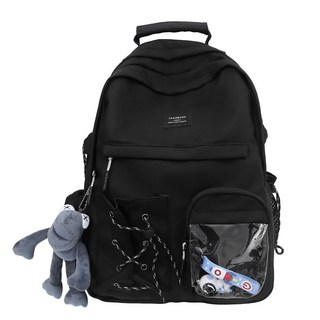 雙肩背包 大容量學生書包 防潑水後背包 透明前袋包, 墨玉黑