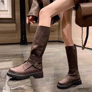 露營廢土風機車靴 圓頭厚底皮帶扣西部靴 2025秋冬復古高筒騎士靴女 - 臺灣出貨