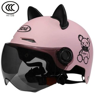 스쿠터 헬멧 자전거헬맷 하이바 킥보드 1개 오토바이, 핑크 곰 짧은 차 + 검정 귀 55-61 조절 가능