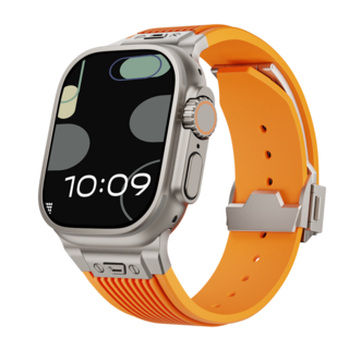 케이스어스 애플워치 호환 엘라스틱 실리콘 디버클 시계줄 스트랩, 실버&오렌지, 42/44/45/49mm