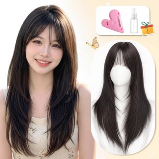 Novah 여자통가발 내추럴 롱 스트레이트 레이어드 컷 똑단발 앞머리 수제, 1개, 블랙