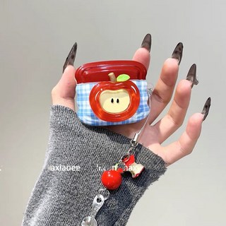 立體蘋果掛飾 AirPods Pro 1/2/3/4代 耳機殼保護套 手機配件, 1個, 波浪格紋立體大蘋果+掛飾,AirPods Pro【老款】