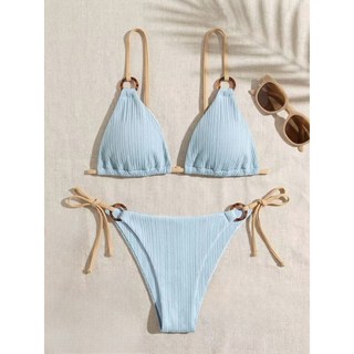新款歐美性感比基尼兩件套 繫帶沙灘度假泳衣, 橄欖色,L