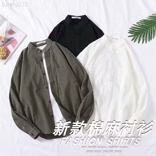 日系立領棉麻新款長袖襯衫 男ins設計感小眾寬鬆港味潮流純色襯衣