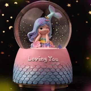 美人魚雪花水晶球音樂盒 飄雪水晶球 生日禮物 紀念品 創意禮品 耶誕禮品, 趴姿美人魚 A1款（內贈電池）JC321