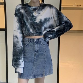 해피유통 여성 쇼트 나염 맨투맨 루즈핏 긴팔 톱jhz